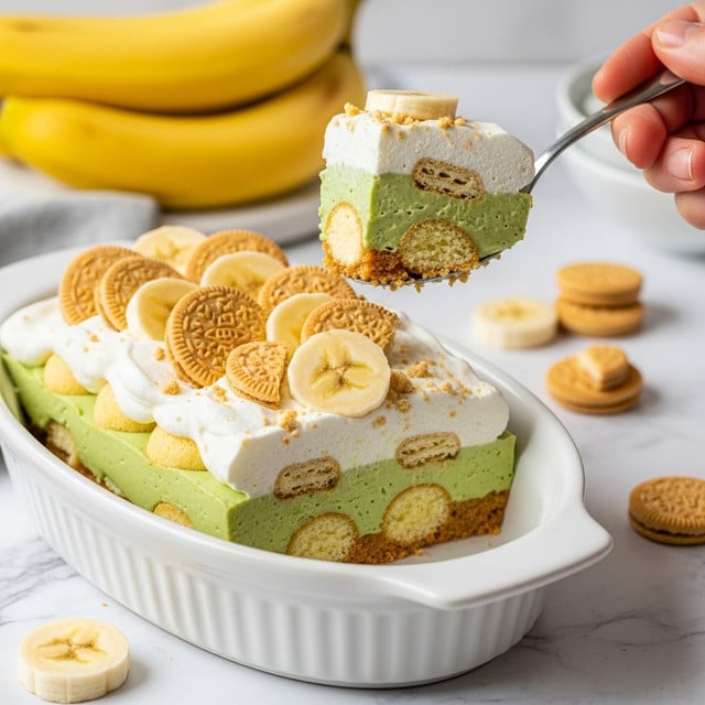 The image shows a white oval dish filled with a layered dessert. The bottom layer is a green creamy mousse with a soft texture mixed with round vanilla wafer cookies, followed by a thick layer of bright green mousse with visible airiness, topped with a smooth layer of white whipped cream. On top of the whipped cream, there are scattered pieces of broken vanilla wafers and banana slices. A spoon lifts a portion from the dish, showing all the layers clearly. The dish is set on a white marbled surface with a bunch of ripe bananas in the background and some fallen vanilla wafers around. photo taken with an iphone --ar 4:5 --v 7