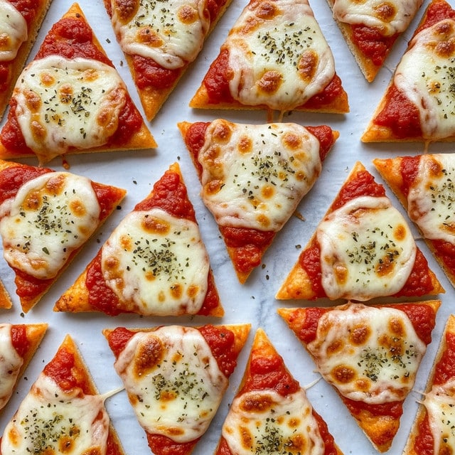 The image shows many small triangular slices of cheese pizza spread out on a white marbled surface lined with parchment paper. Each slice has a base layer of red tomato sauce topped with melted white cheese that has golden brown spots and small black specks, possibly herbs, scattered across the cheese. The edges of the pizza slices have a slightly crispy, golden-orange crust. The slices are arranged closely, some touching each other, filling the whole visible area. Photo taken with an iphone --ar 4:5 --v 7