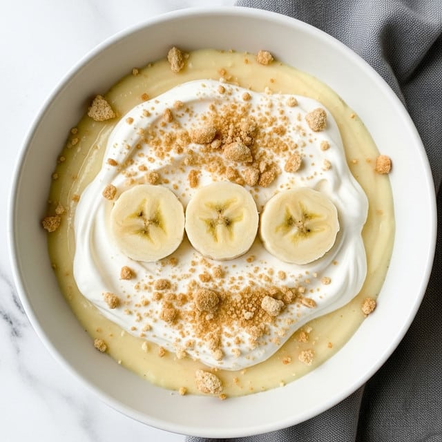 The image shows a creamy dessert in a white bowl placed on a white marbled texture. The dessert has three layers: the bottom layer is thick and smooth, pale yellow pudding; the middle layer is a dollop of white whipped cream spread unevenly on top; the final layer is sprinkled with crumbled light brown cookie pieces scattered all over. On top, there are four round banana slices, slightly glossy, arranged close together in the center. Some crumb pieces are also on the rim of the bowl. photo taken with an iphone --ar 4:5 --v 7