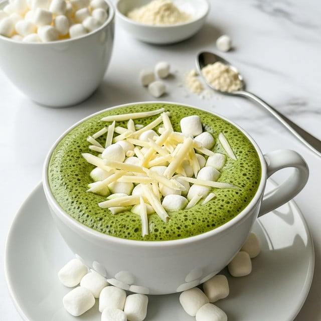 A white mug filled with three visible layers: the bottom layer is smooth, bright green matcha drink with small dark specks, topped with a layer of creamy white mini marshmallows scattered evenly, and thin shavings of pale yellow white chocolate sprinkled on top, some bits slipping slightly into the drink. Around the base of the mug on a white saucer, there are a few more mini marshmallows and some powdery crumbs. The scene is set on a white marbled surface, with a blurred white ramekin filled with more marshmallows and a spoon in the background. photo taken with an iphone --ar 4:5 --v 7
