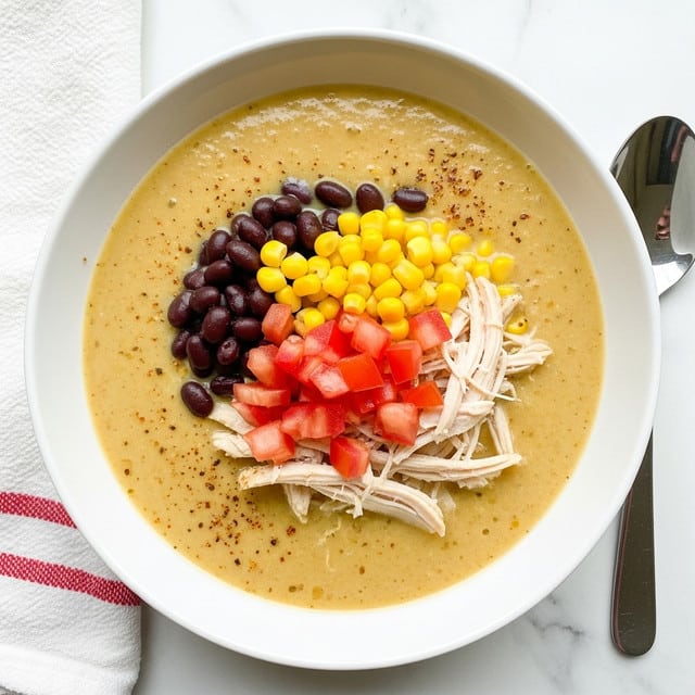 A white bowl sits on a white marbled surface with a red and white striped cloth partially visible on the left side. Inside the bowl, there is a creamy light yellow soup base with a smooth texture. In the center, there is a mix of black beans, yellow corn, shredded light tan chicken, and small pieces of red tomatoes layered on top, creating a colorful contrast. To the right of the bowl, there is a shiny silver spoon resting on the surface. The photo is taken with an iphone --ar 4:5 --v 7