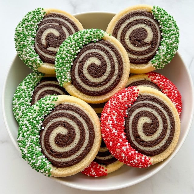A white bowl holds several round, swirled cookies with two main layers: a light beige, soft cake-like dough twisted with a dark brown chocolate swirl, creating a spiral pattern. Some cookies are decorated with small green and white sprinkles on one side, while others have red and white sprinkles in the same position, adding a festive touch. The cookies have a slightly grainy sugar coating that gives them a sparkling texture under soft light. The bowl rests on a white marbled surface. photo taken with an iphone --ar 4:5 --v 7