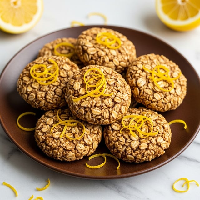 A brown plate filled with a pile of six oat cookies, each round cookie made of visible oats mixed with a sticky, light caramel-colored binder, topped with thin strands of bright yellow lemon zest scattered on the cookies, all placed on a white marbled surface with lemon halves faintly visible in the background. photo taken with an iphone --ar 4:5 --v 7