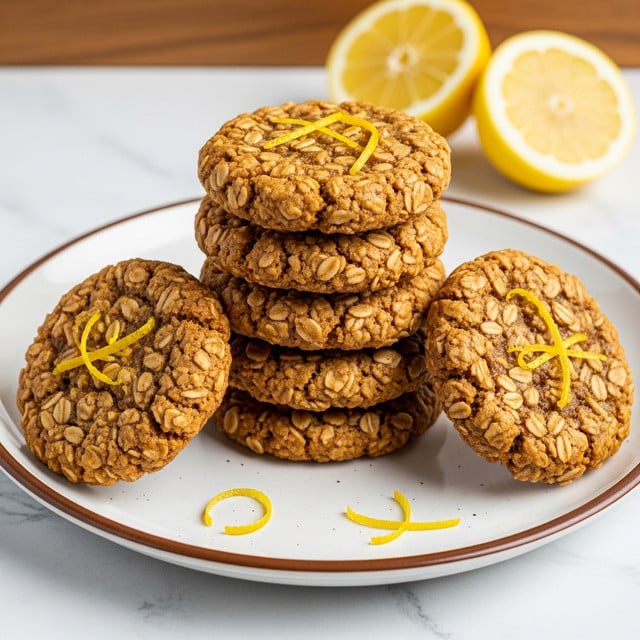 A stack of seven round oatmeal cookies sits on a white plate with a brown rim. Each cookie is thick and textured with visible oats, a shiny golden-brown color, and topped with small strips of yellow lemon zest scattered on and around the cookies. The cookies look soft and chewy with a slightly sticky surface. In the background, two lemon halves rest against a blurred wooden surface. The whole scene is set on a white marbled texture. Photo taken with an iphone --ar 4:5 --v 7