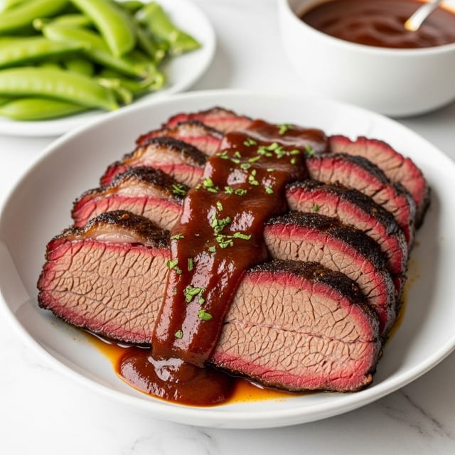 A white shallow bowl holds several thick slices of cooked beef brisket, each showing a rich brown exterior with a tender, juicy pink interior. The slices are stacked slightly, layered with a shiny, dark reddish-brown sauce on top, garnished with small bits of green herbs. The sauce appears thick and glossy, pooling gently around the base of the meat. In the background, there is a blurred view of a white bowl of sauce on the right and some fresh green snap peas on a white plate on the left. All of this sits on a white marbled surface. photo taken with an iphone --ar 4:5 --v 7