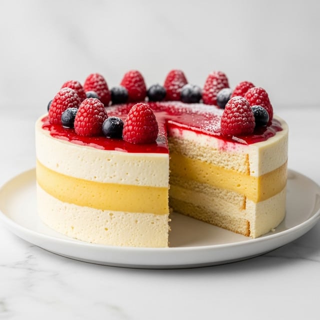 This image shows a round, creamy cake with three visible layers placed on a white plate on a white marbled surface. The bottom layer is light yellow and smooth, the middle layer is a darker yellow custard, and the top layer is white with a glossy texture. A bright red berry sauce drips slightly over the edges near the top. Fresh raspberries and a small dusting of powdered sugar decorate the top of the cake. The cake has a clean slice cut out, showing all layers clearly. Photo taken with an iphone --ar 4:5 --v 7