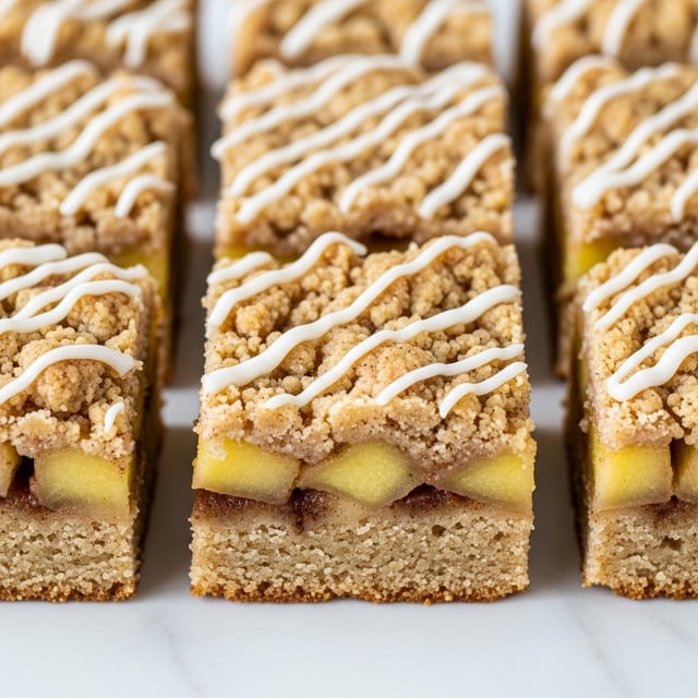 A close-up image of square apple crumb bars arranged closely together on a white marbled surface. Each bar has three visible layers: a golden brown, soft but firm cake base at the bottom; a middle layer featuring chunks of pale yellow apple mixed with bits of cinnamon creating a slightly darker swirl; and a thick crumbly topping with a crunchy texture, light golden with some darker specks. The top is drizzled with a thin, white icing in diagonal patterns, adding brightness and texture contrast. Photo taken with an iphone --ar 4:5 --v 7