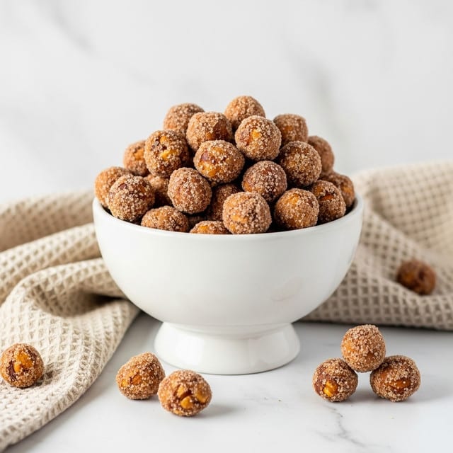 A white bowl with a pedestal base filled with many small, irregularly shaped, brown sugar-coated nuts, showing a rough sugary texture and some darker caramelized spots, sits on a white marbled surface. Around the bowl is a soft beige cloth with a waffle texture that is loosely draped, and a few more sugar-coated nuts rest scattered near the bowl on the surface. The background is plain and softly lit with a white marbled texture. photo taken with an iphone --ar 4:5 --v 7