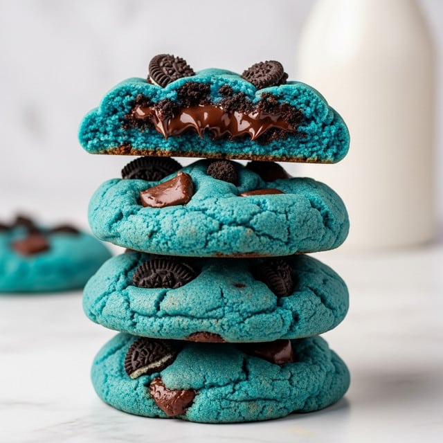 The image shows a stack of five blue cookies with chocolate chunks and small cookie pieces on top. The cookies have a rough, bumpy texture with some cracks and dark chocolate bits inside. At the top layer, one cookie is broken in half, revealing a soft, dark chocolate center with more cookie crumbs on it. The background is a white marbled surface with a blurred white bottle in the back. Photo taken with an iphone --ar 4:5 --v 7