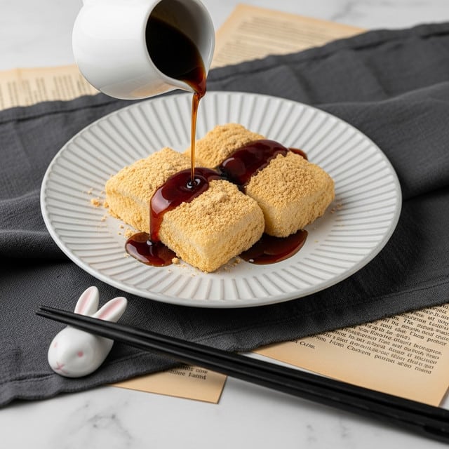 Two pieces of light beige mochi covered with fine powder sit on a white plate with gray vertical stripes. Dark brown syrup is poured from a white small pitcher onto the mochi, creating a glossy pool around and dripping over the textured surface of the mochi. The plate is placed on a dark gray cloth over scattered old papers, all set on a white marbled surface. A white rabbit chopstick rest holds black chopsticks next to the plate. Photo taken with an iphone --ar 4:5 --v 7
