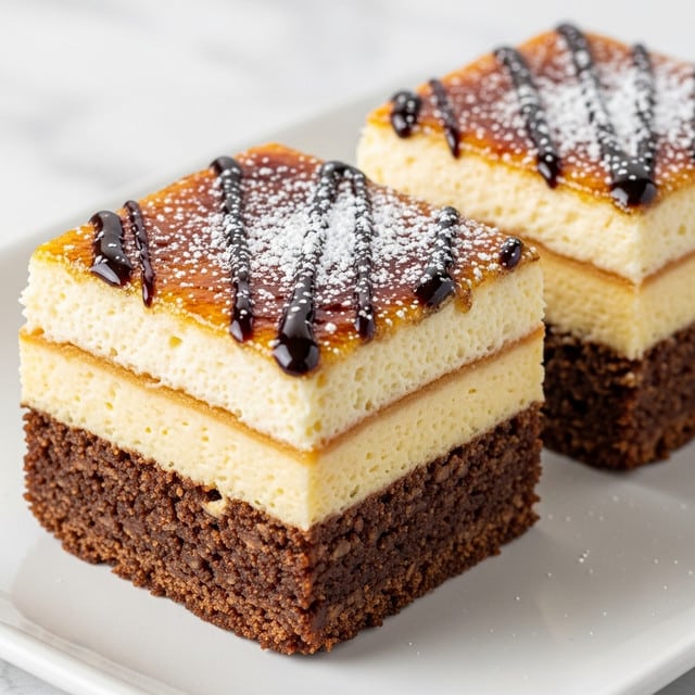 The image shows close-up square slices of a dessert with three clear layers on a white plate. The bottom layer is a dark brown, dense crust that looks crumbly and rich. The middle layer is thick and creamy with a pale yellow color, appearing smooth and fluffy. The top layer is thin, caramelized, and golden brown with a slightly shiny surface. A glossy dark chocolate drizzle is applied in diagonal lines across the top, and a light dusting of powdered sugar is sprinkled over the whole dessert. The background is a white marbled texture. photo taken with an iphone --ar 4:5 --v 7