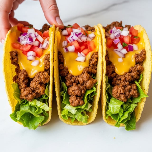 The image shows three crispy yellow taco shells standing side by side on a white marbled surface, each filled with multiple layers. The bottom layer inside the shells is fresh green lettuce, topped with a thick layer of cooked ground beef that appears brown and slightly crumbly. Above the beef, there is a smooth, bright yellow melted cheese layer spread evenly, with small, finely chopped red onion and diced red tomatoes scattered on top as garnish. The tacos are closely packed and well-filled, showing a mix of textures from crunchy shell to soft toppings, with a woman's hand reaching toward one taco. Photo taken with an iphone --ar 4:5 --v 7