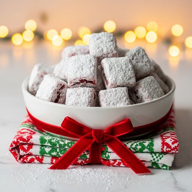 A white bowl filled with many small square pieces of snack covered in white powdered sugar, showing a slightly rough and powdery texture on the pieces, with some red hints visible underneath the sugar. The bowl sits on a folded cloth with red, green, and white patterns, tied with a red velvet ribbon bow at the front. The background is blurred with warm yellow and orange bokeh lights, giving a cozy feeling. The surface underneath is a white marbled texture with a light dusting of the powdered sugar around the bowl. Photo taken with an iphone --ar 4:5 --v 7