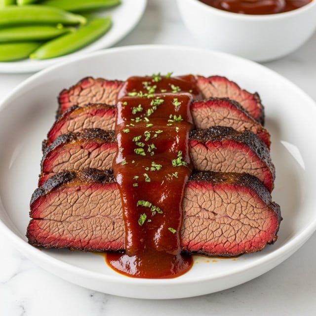A white bowl holds several thick slices of cooked beef brisket, rich brown with a glossy texture from a dark, shiny sauce covering the meat, topped with thin orange-brown onion strips and small green herb pieces. The beef is placed slightly leaning, showing the inner pinkish layers and outer caramelized crust. In the background on a white marbled surface, there is a blurred white bowl filled with green beans and a white cup containing a brown liquid. The lighting is soft, highlighting the juicy texture of the brisket. photo taken with an iphone --ar 4:5 --v 7