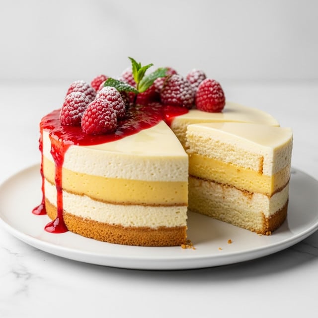 A round cake with two visible layers sits on a white plate on a white marbled surface. The bottom layer is smooth and creamy yellow, while the top layer is a shiny red glaze with swirled white cream piped in even lines forming a circular pattern. Fresh raspberries are arranged in the center on top, adding a bright red and textured contrast. The edges of the cake are clean and the slice cut out shows the thickness of each layer clearly. photo taken with an iphone --ar 4:5 --v 7