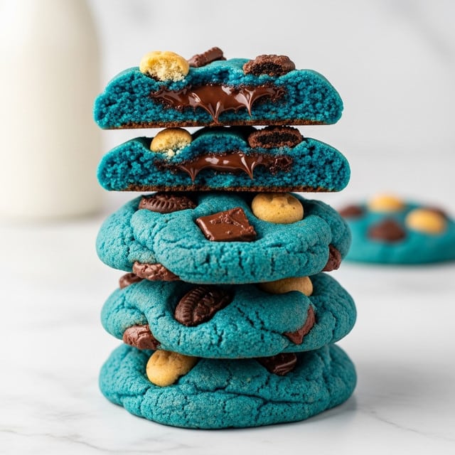 A tall stack of bright blue cookies with a rough, slightly cracked texture sits on a white marbled surface. The bottom four cookies are whole and show a few dark chocolate chips and small light brown chocolate chip pieces baked inside. The top two cookies are split in half, showing a dark rich chocolate layer and a creamy white filling in the middle. Small light brown mini chocolate chip cookies rest on top of the stack and on the edges of the split cookies. The colors are bright blue, dark brown, and light brown with smooth cream inside. The background is softly blurred, making the cookies the main focus. Photo taken with an iphone --ar 4:5 --v 7