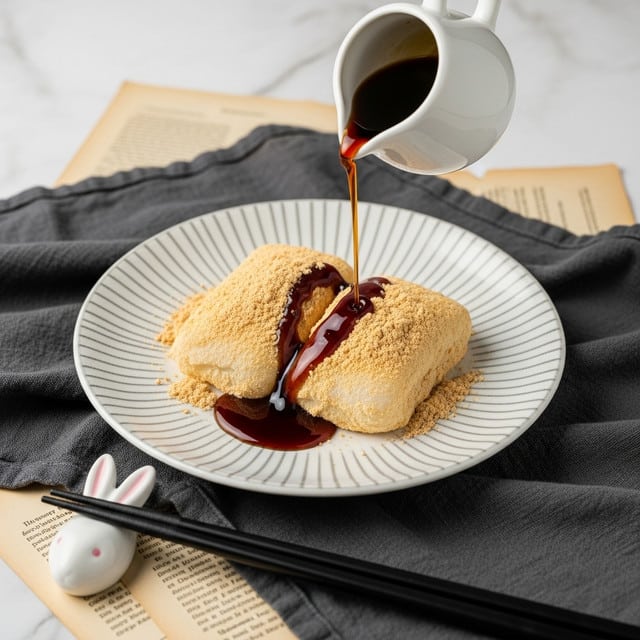 Two pieces of light brown mochi covered with a fine tan powder sit on a white ceramic plate with a striped pattern around the edges. A dark syrup is being poured over the mochi from a white pitcher held above, pooling underneath the mochi and partially soaking the powder. The plate rests on a folded gray cloth napkin and a few old papers on a white marbled surface. Nearby, black chopsticks rest on a white rabbit-shaped chopstick holder. Photo taken with an iphone --ar 4:5 --v 7