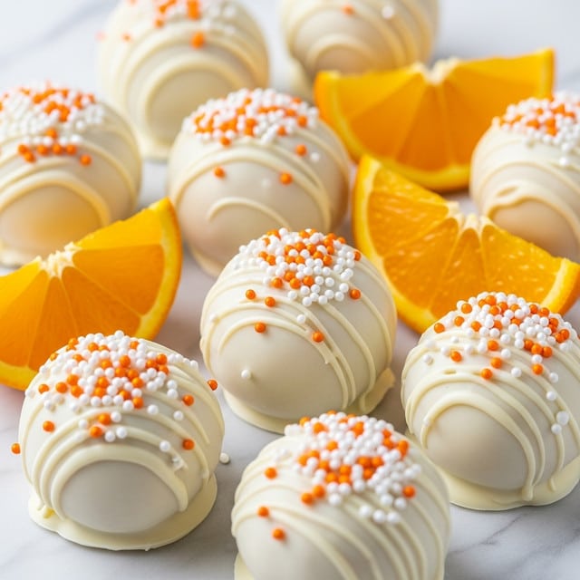 The image shows a group of round white chocolate truffles arranged on a white marbled surface. Each truffle is smooth and pale cream in color, topped with small white and orange sprinkles. Bright orange slices are placed between the truffles, adding a fresh pop of color and complementing the sweets. The overall look is clean and bright, with the truffles and orange slices evenly spaced in an inviting layout. photo taken with an iphone --ar 4:5 --v 7