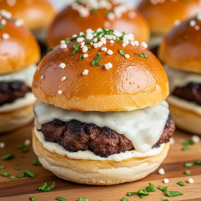 A close-up view of a small sandwich showing two main layers inside a soft, shiny, golden-brown bun. The top layer is fresh green parsley pieces sprinkled along with some finely grated white cheese. Below the bun, there is a melted pale yellow cheese layer gently dripping over a dark brown, crispy, seasoned meat patty. The bottom bun is smooth and light with a few bits of parsley on the side. The sandwich sits on a dark wooden surface with blurred sandwiches of the same type in the background. photo taken with an iphone --ar 4:5 --v 7