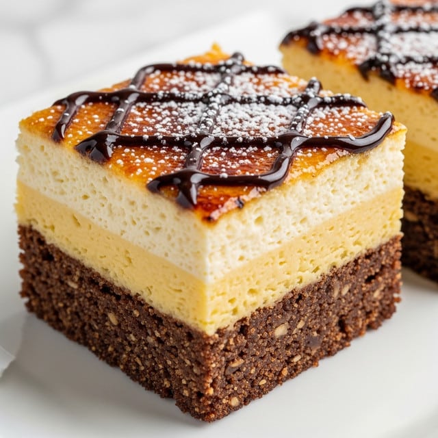 The image shows a close-up of square-shaped cheesecake bars on a white plate, resting on a white marbled surface. Each bar has three layers: the bottom layer is a dense, dark brown chocolate crust with a rough texture; the middle layer is thick, smooth, and creamy pale yellow cheesecake; the top layer is a slightly darker golden brown, likely a baked crust or caramelized edge, with a soft, smooth texture. Dark chocolate drizzle is applied in thick, even zigzag lines across the top, and a light dusting of powdered sugar is sprinkled over the bars. Photo taken with an iphone --ar 4:5 --v 7