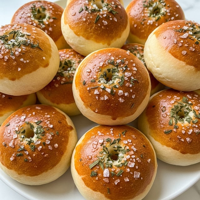 The image shows a close-up of six golden-brown dumplings stacked on a white plate, each with a smooth, slightly shiny surface. The dumplings have a rounded, slightly flattened shape with a light golden crust on top, sprinkled with coarse sea salt and small green herbs, giving them a fresh and savory look. The dumplings' sides are pale and soft in contrast to the crispy browned tops, creating a mix of textures. The plate is set on a white marbled surface, adding a clean and elegant background to the warm tones of the dumplings. photo taken with an iphone --ar 4:5 --v 7