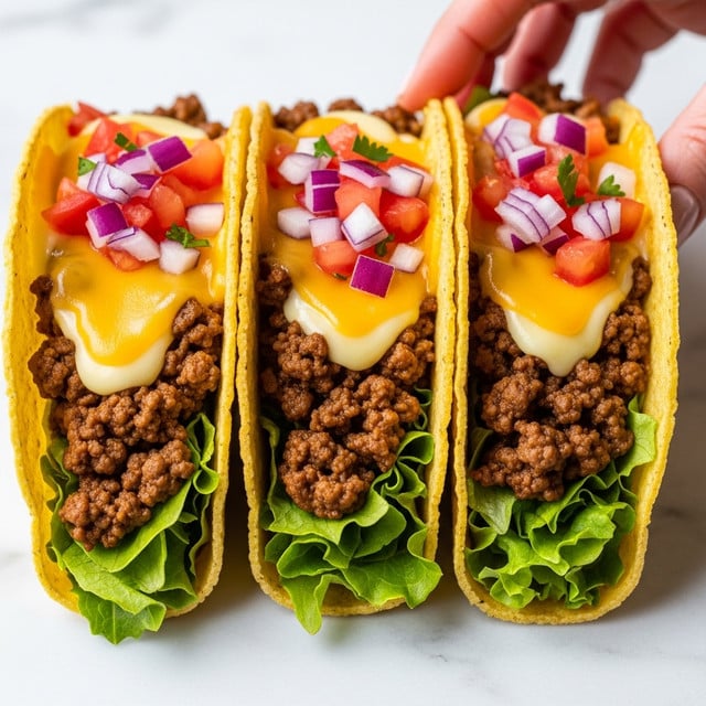 Three crispy yellow taco shells are placed side by side on a white marbled surface, each filled with several layers of ingredients. The bottom layer inside each shell is fresh green lettuce with visible ruffled edges. Above the lettuce, there is a generous layer of seasoned ground beef that is dark brown and crumbly in texture. On top of the beef, there is a bright orange melted cheddar cheese layer that spreads over the filling, soft and smooth. Each taco is topped with small diced pieces of red tomatoes, red onions, and tiny bits of green herbs, adding a fresh and colorful finish to the dish. photo taken with an iphone --ar 4:5 --v 7