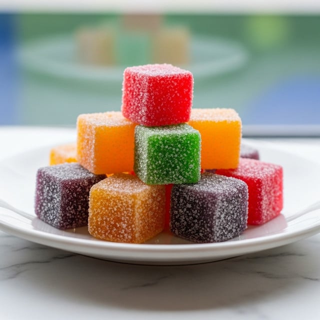 A white plate holds a small pile of sugar-coated gummy cubes in bright colors, including red, orange, green, and purple. The gummies are slightly translucent with a textured sugar layer giving a frosty look. The cubes are stacked in one main layer, some resting atop others, with the green cube near the center standing out. The background shows a window with blurry green and blue shapes, and the plate sits on a white marbled surface. photo taken with an iphone --ar 4:5 --v 7
