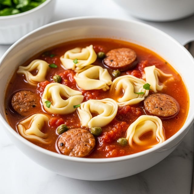 A white bowl filled with a warm tomato-based soup containing six white tortellini pieces floating on top. The soup has a rich red color with visible slices of browned sausage and small green capers scattered throughout. The textures include smooth pasta, firm sausage, and a slightly chunky broth. The bowl rests on a white marbled surface, with soft natural light highlighting the food, and a blurred white bowl with green garnish in the background. Photo taken with an iphone --ar 4:5 --v 7