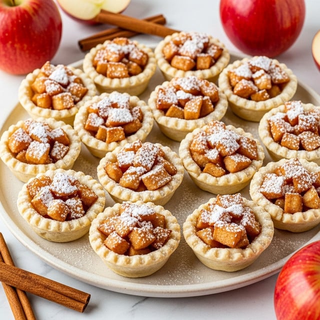 A round beige plate holds eleven small mini apple pies arranged closely, each pie has a flaky pale crust with ridged edges filled with small, diced cooked apple chunks in warm golden brown and amber tones, sprinkled lightly with powdered sugar giving a soft white dusting on top. Around the plate, there are red apples and two cinnamon sticks placed on a white marbled surface. The image shows the pies from a slightly elevated side angle, capturing the texture of the apple filling and the soft browning on the crust edges. photo taken with an iphone --ar 4:5 --v 7