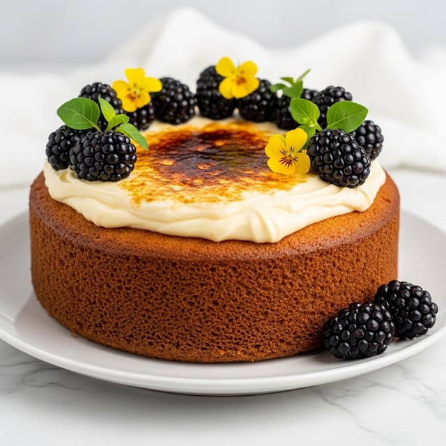 A single-layer round cake with a golden brown outer texture sits on a white plate placed on a white marbled surface. The cake is topped with a thick, uneven layer of creamy yellow frosting that has a slightly browned, caramelized patch on top. Scattered over the frosting are several glossy, dark purple blackberries and a few small yellow edible flowers with green leaves, adding bright color contrast. A few blackberries also rest on the plate near the cake. A soft white cloth is visible blurred in the background. photo taken with an iphone --ar 4:5 --v 7