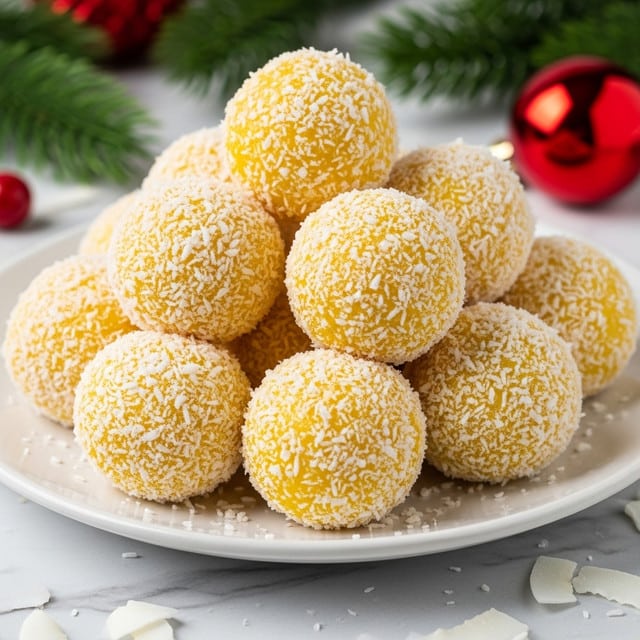 The image shows a white plate filled with about fifteen round yellow sweets, each coated evenly with shredded white coconut flakes. The sweets are smooth and glossy under the coconut covering, creating a soft textured look. The sweets are stacked in a small pile with the bottom sweets touching the plate and the top sweets resting gently above. The background has a blurred green plant and a red Christmas ornament, while the plate is sitting on a black cloth on a white marbled surface. Photo taken with an iphone --ar 4:5 --v 7
