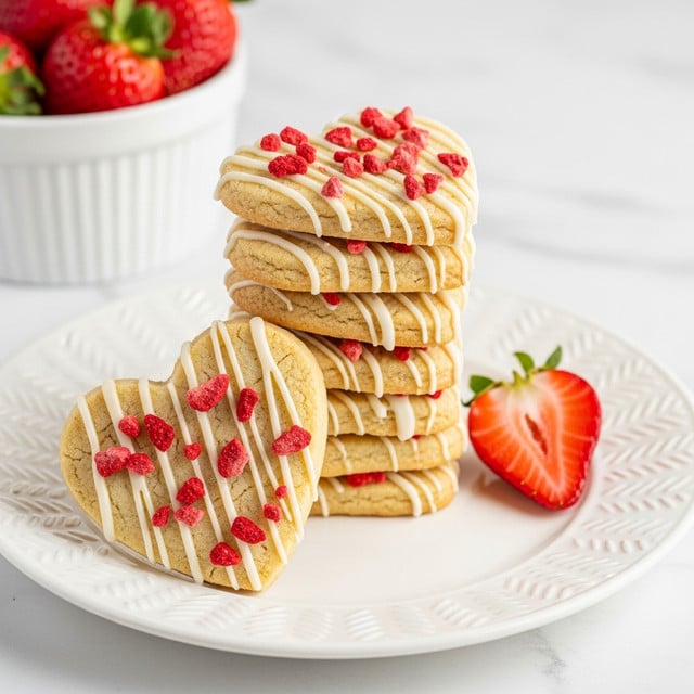 A stack of seven golden-brown heart-shaped cookies sits on a white plate with a subtle leaf pattern, arranged leaning slightly to one side. Each cookie is drizzled with white icing in thin vertical lines and topped with small pieces of red freeze-dried strawberries scattered unevenly across the surface. In the foreground, one whole heart cookie faces forward, showing the texture of the cookie and bright red strawberry bits clearly, while a half strawberry piece lies on the plate next to the stack. In the blurred background, there is a white bowl filled with fresh red strawberries, sitting on a white marbled surface. photo taken with an iphone --ar 4:5 --v 7
