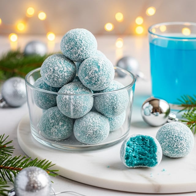 A clear glass bowl holds a pile of round, light blue balls covered with a rough white powder, with about nine balls inside stacked loosely. Outside the bowl, there are two more balls on a white marbled surface, one of which has a bite taken out of it, showing a soft, crumbly, blue inside. Some small pine twig sprigs and silver Christmas ornaments surround the bowl, along with blurred warm yellow lights in the background. On the right side, there is a clear glass cup filled with a matching bright blue drink. photo taken with an iphone --ar 4:5 --v 7