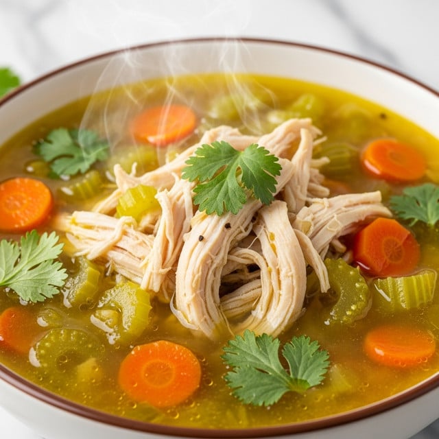 A close-up view of a bowl of chicken soup with shredded chicken pieces in the center, surrounded by a broth that is yellowish-green in color. The soup has visible chunks of orange carrots and light green celery mixed throughout. Fresh green cilantro leaves are scattered on top, adding a pop of color. The bowl is white with a brown rim, and the background features a white marbled texture, softly blurred. Steam rises gently from the hot soup, giving a warm and fresh feeling. photo taken with an iphone --ar 4:5 --v 7