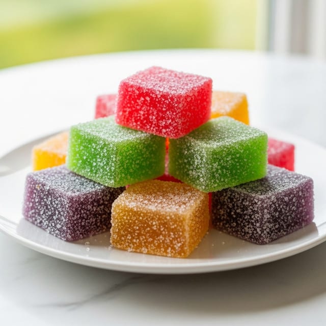 The image shows a white plate filled with colorful square gummy candies, stacked in a small pile. The candies come in bright translucent colors including red, green, orange, and purple, each covered lightly with a fine layer of sugar crystals giving a sparkling texture. The candies have a smooth, jelly-like surface and slightly rounded edges. The plate is placed on a white marbled surface, and there is a soft, blurred background with green and yellow shades suggesting a window view in bright daylight. photo taken with an iphone --ar 4:5 --v 7