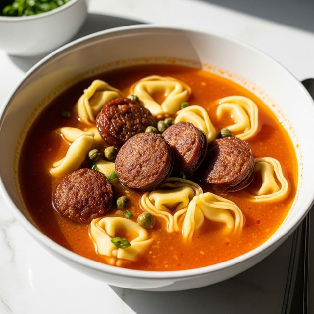 A white bowl filled with a rich orange-red tomato broth, containing several plump, pale yellow tortellini floating on the surface; scattered around them are browned sausage slices with a textured, crispy exterior and small green capers adding specks of color. The bowl is placed on a white marbled surface with soft sunlight casting gentle shadows, and a blurred white bowl with green herbs sits in the background. photo taken with an iphone --ar 4:5 --v 7
