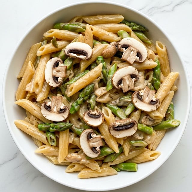 A close-up of a bowl filled with a creamy pasta dish, featuring short tubular pasta coated in a light cheese sauce mixed with slices of brown mushrooms and green asparagus spears scattered on top. The bowl is white, and the texture of the pasta looks soft and glossy, with the mushrooms adding a slightly darker, smooth appearance. The asparagus spears add a fresh green contrast with a slightly crisp look. The background is a white marbled texture, with soft natural light enhancing the colors and textures of the food. Photo taken with an iphone --ar 4:5 --v 7