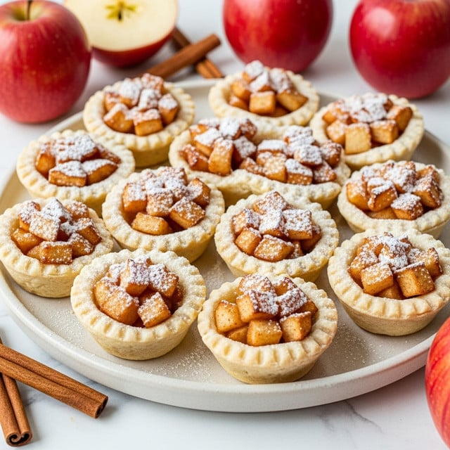 A round beige platter holds twelve small apple tarts arranged in a loose circle, each tart featuring a single layer of golden-brown crust filled with a chunky mixture of caramelized diced apples in warm orange and light brown tones. The apple pieces glisten with a sugary glaze and are lightly dusted with powdered sugar. Around the platter are whole red apples, one halved to show its pale flesh, and two cinnamon sticks lay nearby, all placed on a white marbled surface. The light is soft, highlighting the texture of the crust and the juicy apple topping. photo taken with an iphone --ar 4:5 --v 7