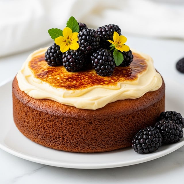 A single-layer round cake with a golden brown bottom layer topped with a thick, creamy pale yellow frosting unevenly spread on top. The frosting has a slightly browned, caramelized spot in the center. Scattered on the frosting are small dark purple blackberries and tiny yellow flower petals, with a few sprigs of green herbs for decoration. Three blackberries are placed on the white plate near the cake. The cake sits on a white plate on a white marbled surface with a soft white cloth in the background. Photo taken with an iphone --ar 4:5 --v 7