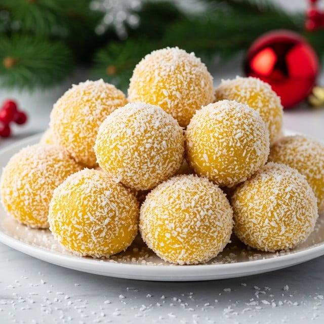 A pile of round yellow dessert balls coated evenly with white shredded coconut flakes, placed closely together on a white plate. Each ball is smooth and shiny with a bright yellow base layer fully covered by the white coconut layer, giving a textured contrast. The plate sits on a white marbled surface, with some coconut flakes scattered around the balls. In the background, there are out-of-focus green pine branches and a red Christmas ornament. Photo taken with an iphone --ar 4:5 --v 7