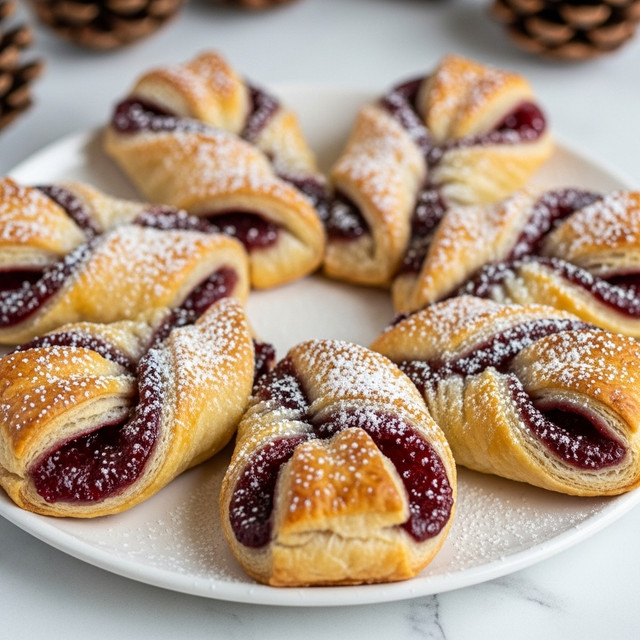 A round white plate on a white marbled surface holds six twisted pastries arranged in a circle. Each pastry has multiple layers of golden brown dough with visible folds and is filled with red jam, showing through the slits in the dough. The pastries are dusted lightly with white powdered sugar, giving a soft snowy effect on top. The background includes two blurred pinecones, adding a cozy feel. photo taken with an iphone --ar 4:5 --v 7