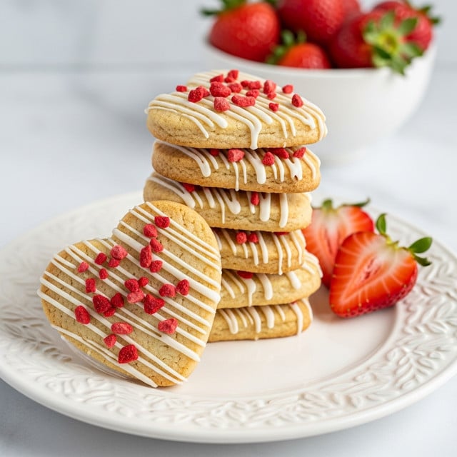 A stack of six triangular cookies with a light golden-brown color sits on a white plate with a subtle leaf pattern around the edge, placed on a white marbled surface. Each cookie is drizzled with thin lines of white icing and topped with small pieces of bright red dried strawberries, adding a pop of color. One cookie leans against the stack in the foreground, showing its textured surface and strawberry bits clearly. To the left, there is a single dried strawberry slice lying on the plate. In the blurred background, a white bowl filled with fresh red strawberries adds a fresh touch. Photo taken with an iphone --ar 4:5 --v 7