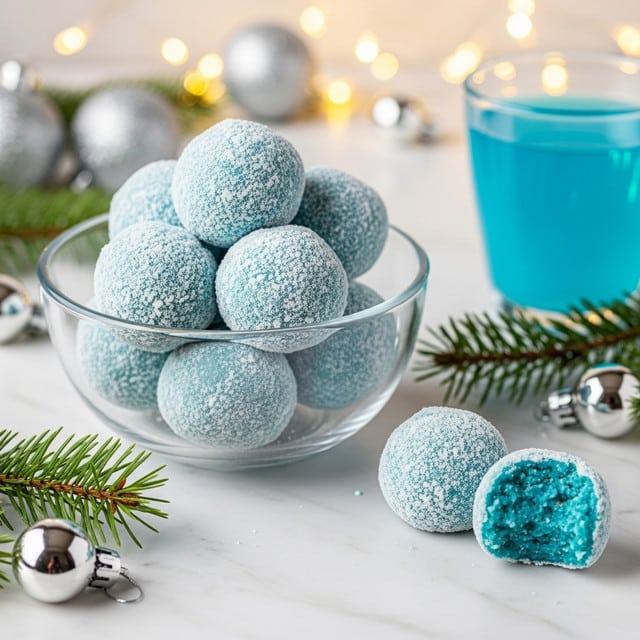 A clear glass bowl holds a pile of eight round blue treats covered in a light dusting of white powdered sugar, with two additional blue treats placed outside the bowl on a white marbled surface; one of these has a bite taken out, revealing a moist, grainy blue inside. The bowl sits among small frosted green pine sprigs and silver holiday ornaments, with some warm blurred yellow lights in the softly focused background and a glass of bright blue liquid on the right side. photo taken with an iphone --ar 4:5 --v 7