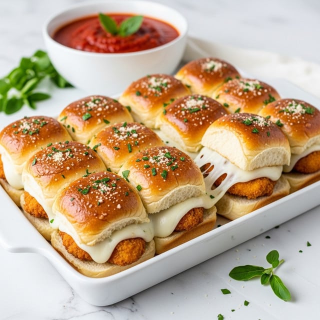 A white rectangular baking dish holds nine golden brown slider sandwiches arranged in a 3x3 grid, each topped with melted cheese, green parsley flakes, and a light sprinkle of parmesan. One slider is slightly lifted, showing three layers: the glossy, soft top bun in golden brown, a middle layer of melted white cheese with visible herbs, and a bottom layer of crispy breaded chicken with a light orange sauce. In the background, there is a white cup filled with a red tomato-based dip, garnished with a green leaf, all placed on a white marbled surface with scattered green parsley leaves. Photo taken with an iphone --ar 4:5 --v 7