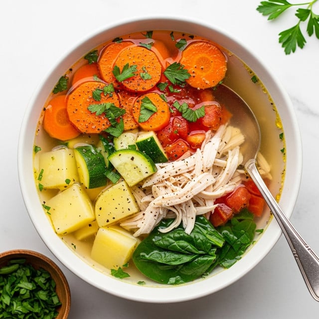 A white bowl filled with clear broth soup that has visible layers of colorful vegetables and herbs. The top layer has bright orange round carrot slices and fresh green parsley sprinkled all over. Below are chunks of light green zucchini and pale yellow potatoes mixed with shredded white chicken and pieces of translucent onion. Red tomato chunks and dark green spinach leaves are scattered throughout, adding contrast. Tiny bubbles float on the surface of the broth, giving it a fresh look. The bowl sits on a white marbled surface, and a silver spoon is partially inside the bowl on the right side. A small wooden bowl with chopped parsley rests nearby. Photo taken with an iphone --ar 4:5 --v 7
