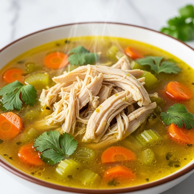 A close-up image of a rustic bowl filled with a rich chicken soup, showing a mix of shredded chicken pieces layered at the center, surrounded by diced celery and carrot chunks in a golden broth. Bright green cilantro leaves are sprinkled on top, adding color and freshness. The bowl has a light, speckled beige outer surface with a darker rim, sitting on a dark plate with a spoon partially visible under the bowl, all placed on a white marbled surface. Steam rises gently from the soup, enhancing the warm and hearty feeling. Photo taken with an iphone --ar 4:5 --v 7