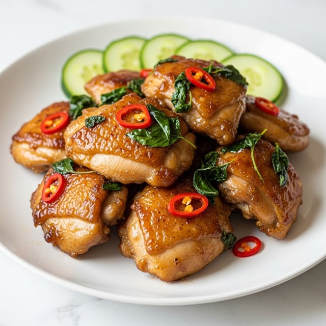 The dish shows several pieces of golden brown chicken cooked with a shiny glaze, piled in the center of a white plate. The chicken pieces are mixed with green herbs and small slices of red chili peppers on top. The texture of the chicken looks tender and moist with a slightly sticky sauce coating it. At the back of the plate, there are thin slices of cucumber adding a fresh green color contrast. The whole scene is placed on a white marbled surface. Photo taken with an iphone --ar 4:5 --v 7