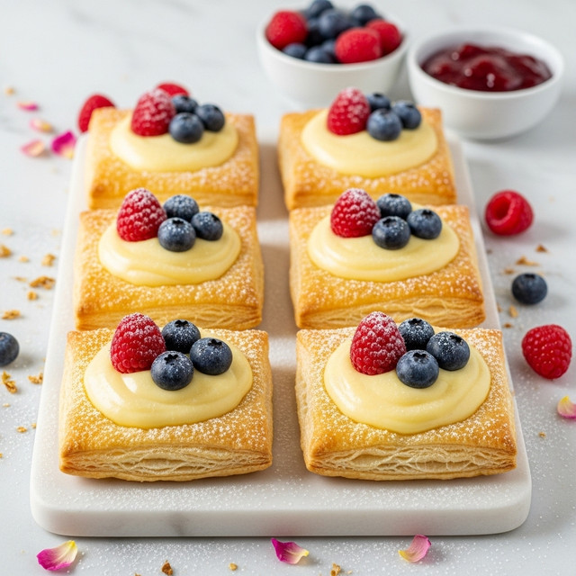 Six square pastries arranged neatly on a white marble board, each with a golden brown, flaky puff pastry base made of multiple light and crisp layers. On top of the pastry is a smooth, pale yellow cream filling, thick and slightly shiny, covering the center. Each pastry is decorated with fresh red raspberries and dark blue blueberries lightly dusted with powdered sugar, adding a soft texture and a contrast of colors. The board is sprinkled with little pink flower petals and powdered sugar, enhancing the delicate look. Behind the pastries, there are two small white bowls filled with extra raspberries, blueberries, and red jam, all placed on a white marbled surface. Photo taken with an iphone --ar 4:5 --v 7