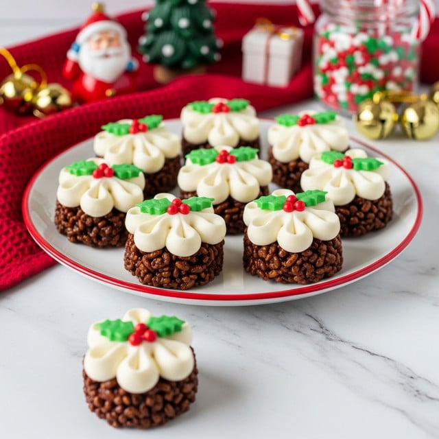 The image shows a white plate with a red rim holding eight small, round chocolate rice crispy treats. Each treat has a rough, bumpy brown base made from the chocolate-covered crispy rice, topped with a smooth, creamy white layer of frosting shaped like a flower with soft, wavy petals. On top of the frosting, there are three small green holly leaves and three red berry-like dots made of icing, giving a festive Christmas look. One treat is placed on the white marbled surface in front of the plate. The background includes a red textured cloth and blurry Christmas decorations including a small Santa figurine, a green tree, a jar filled with red, white, and green sprinkles, candy canes, and some gold bells. The overall scene is bright and festive. photo taken with an iphone --ar 4:5 --v 7