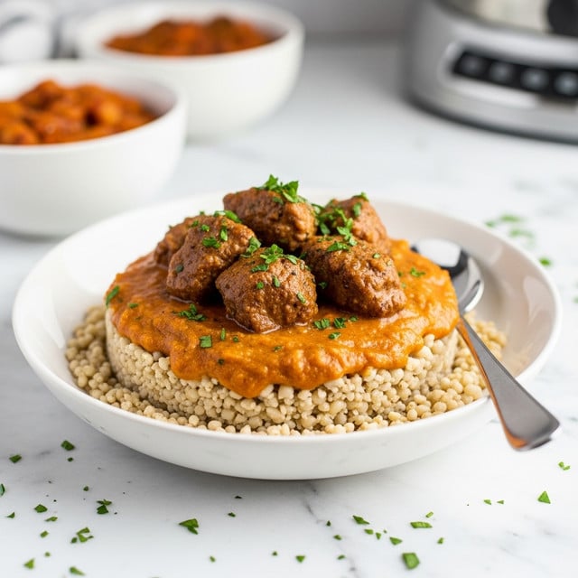 A white bowl holds a round bed of small, light-colored grains forming the bottom layer, with a middle layer of thick, orange-brown sauce poured over them. On top of the sauce, there are several tender pieces of brown meat garnished with chopped green herbs. A silver spoon rests inside the bowl on the right side. The bowl sits on a white marbled surface with scattered small green herb pieces around. In the blurred background, there is another white bowl filled with a reddish-brown dish and a kitchen appliance. photo taken with an iphone --ar 4:5 --v 7